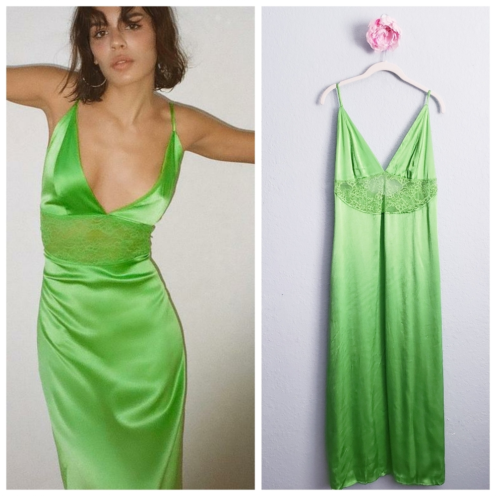 Zara Blogger Favorite Green Satin Lace Slip Dress